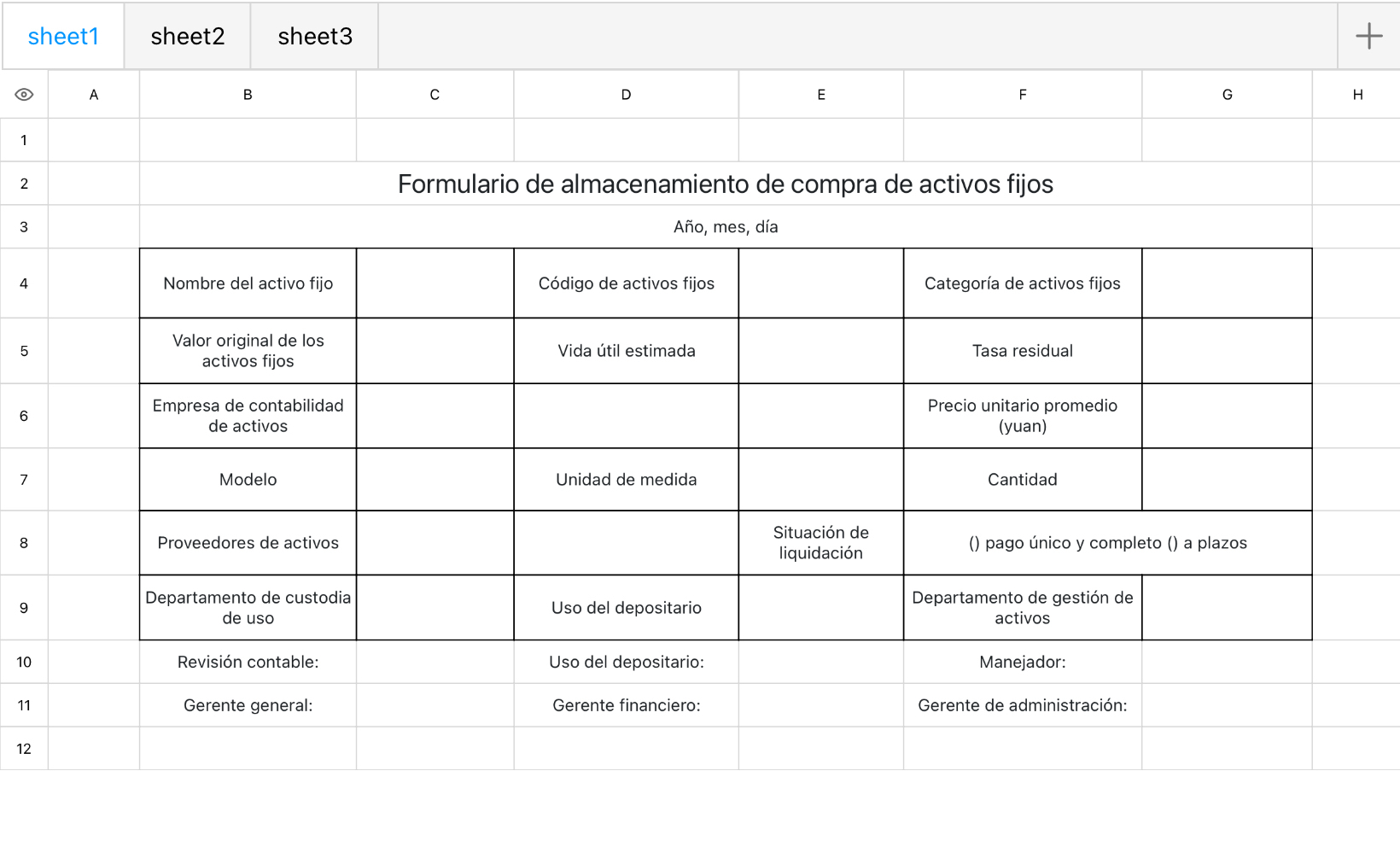 Formulario de almacenamiento de compra de activos fijos